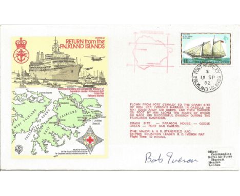 Bob Iveson signed FDC Return from the Falkland Islands No. 783 of 1200. Flown from Port Stanley to the crash site of Sqn Ldr 