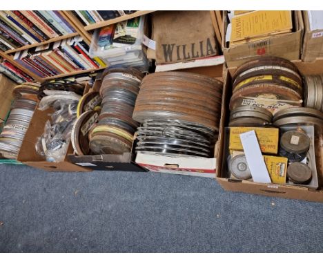 FILM REELS:&nbsp;a large quantity of vintage film reels, many in metal tins, contained in 5 large boxes. (5 boxes) 