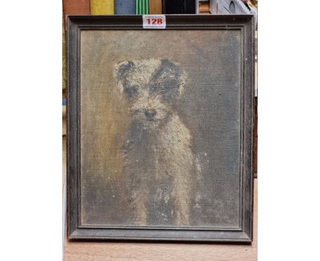 HENRY WILLIAMSON'S DOG:&nbsp;oil on board by Mrs F T Nicholson, approx 30.5 x 25cm within old wooden frame, pencilled handwri