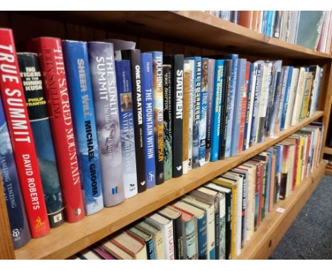 MOUNTAINEERING:&nbsp;a collection of 61 mountaineering books across one shelf, largely hardback with a few paperback titles, 