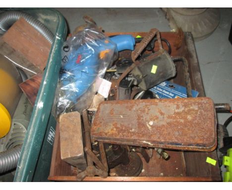 Box of wood working tools, inspection lamp, electric drill, socket set etc.