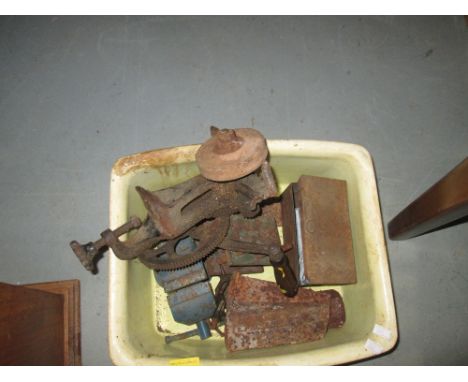 Early 20th century grinding wheel, bench vice etc.