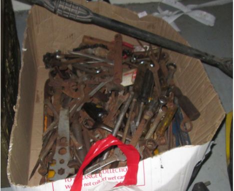 Box of spanners wrenches and other workshop tools & batteries
