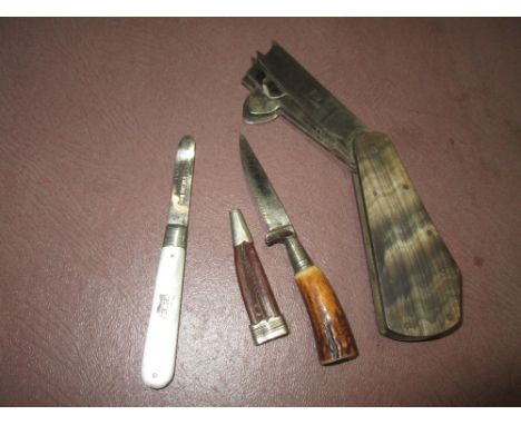 Fleam with horn case, silver &amp; mother of pearl fruit knife and one other
