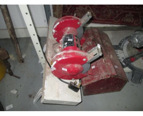 Power Devil bench grinder and tin of tools