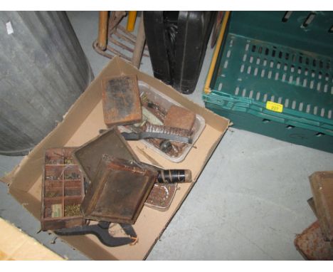 Box of assorted wood working tools & dog crate