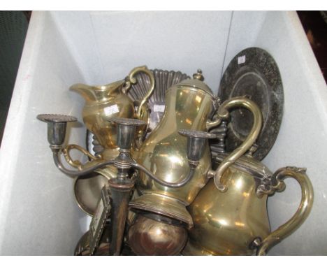 Assorted silver plated ware, tea set, tray, candlestick etc.