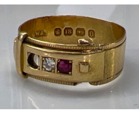 Antique 18ct gold 1888 diamond and ruby Buckle ring, size P (3.5g) 1 stone missing