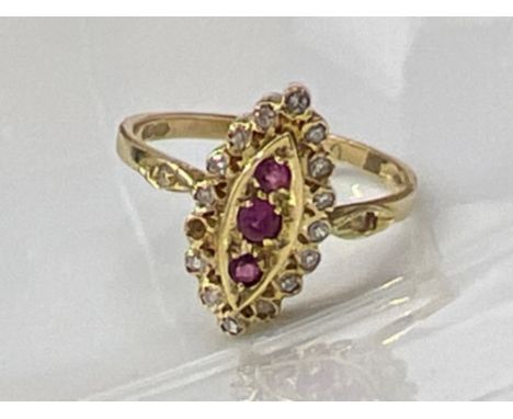 18ct gold Diamond and Ruby Navette ring, size N (4g)