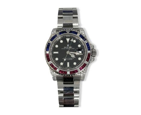 Rolex 2016 GMT-Master Stainless Steel with Diamond, Ruby &amp; Sapphire Bezel. Diamond shoulders and black face wristwatch. I