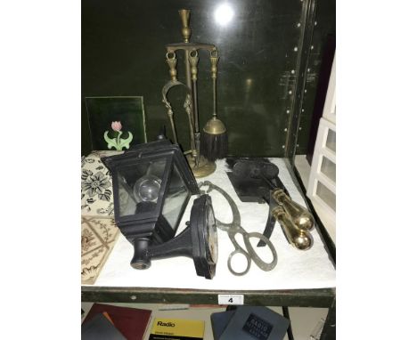 A porch lantern and a quantity of fireside tools including companion set