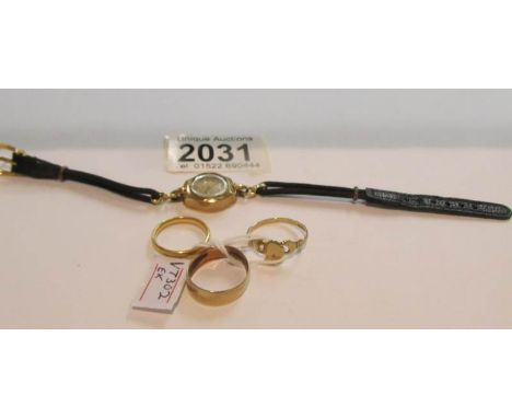 2 9ct gold rings (both by B Bros with one clearly marked London 1990, approximate total weight 4 grams), a 22ct gold wedding 