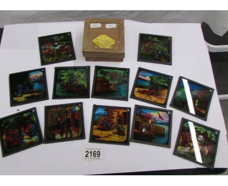 A set of coloured magic lantern slides entitled American Settlers and Life Amongst Native Indians.