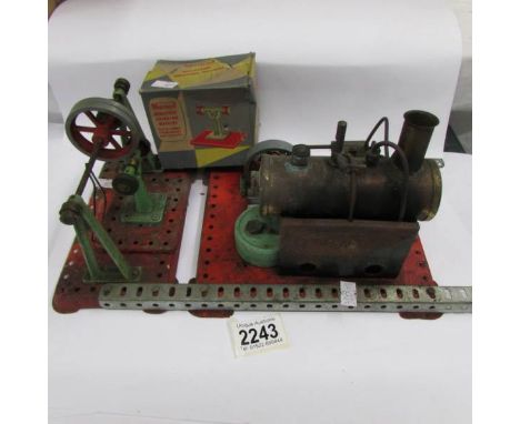 A Mamod steam engine, pulley and miniature grinder.