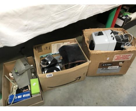3 boxes of photographic equipment including slide projector, Yashica Umatic-6 Cine camera etc