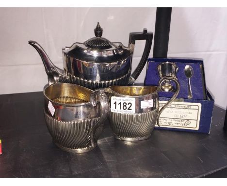 A 3 piece silver plate tea set - maker R. P &amp; Co. plus egg cup and spoon