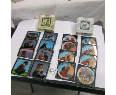 2 seta of coloured magic lantern slides entitled Sweep &amp; Whitewasher and Comical Cats &amp; Dogs.