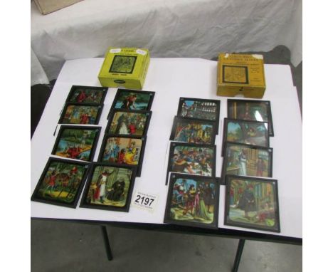 2 seta of coloured magic lantern slides entitled Robin Hood and Dick Whittington.