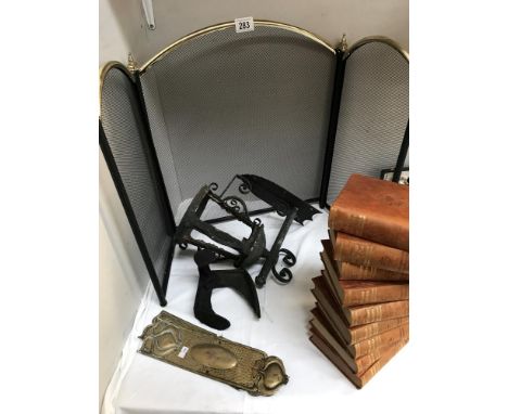A pair of Art Nouveau brass door finger plates, an iron porch lantern, a firescreen and a boot jack