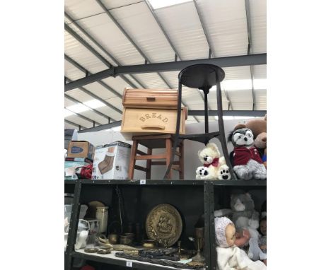 A vintage child's school chair, a plant stand and 2 bread bins