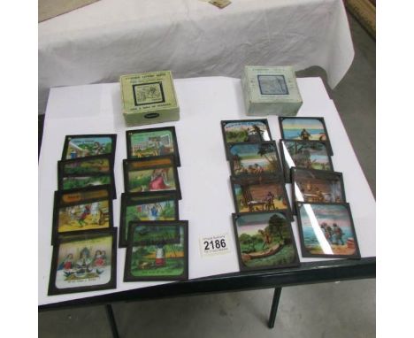 2 sets of coloured magic lantern slides entitled Robinson Crusoe and Sing a Song of Sixpence.