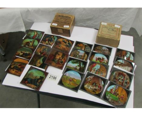 2 sets of coloured magic lantern slides entitled Dick Whittington and Gulliver's Travels.