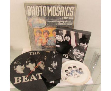 A mixed Beatles memorabilia including Mosaic puzzle, clock, tie, plate etc.,