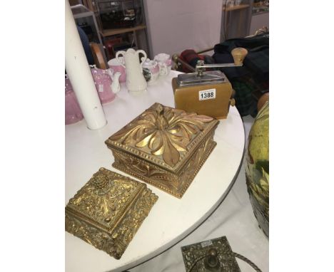 2 gilded trinket boxes and a coffee grinder