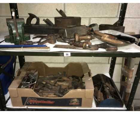 2 shelves of vintage wood working tools