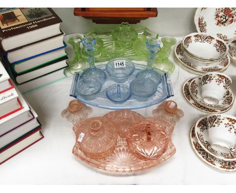 3 coloured glass Art Deco trinket sets