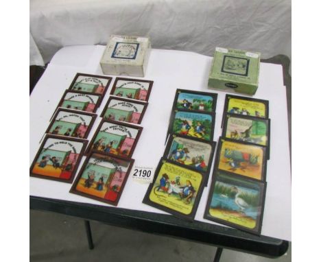 2 seta of coloured magic lantern slides entitled A Frog He Would A Wooing go and Willie's Revenge.