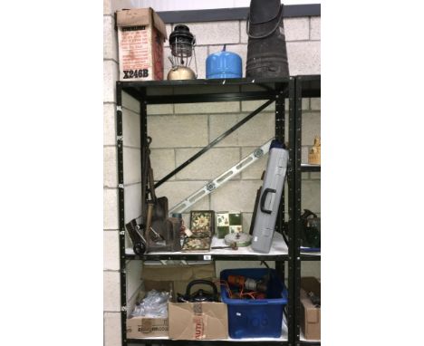 A large quantity of assorted tools including saws, hammers, levels, plumbing items etc. (3 shelves)