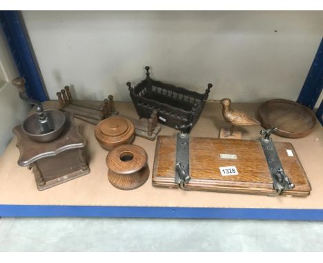 A 1930's Everitts improved tie press and other wooden items including coffee grinder