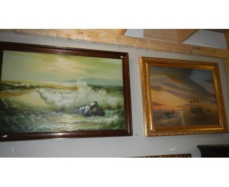 A framed seascape oil painting signed Alexander and a framed oil painting of sailing ship and crew in rowing boat signed Robe