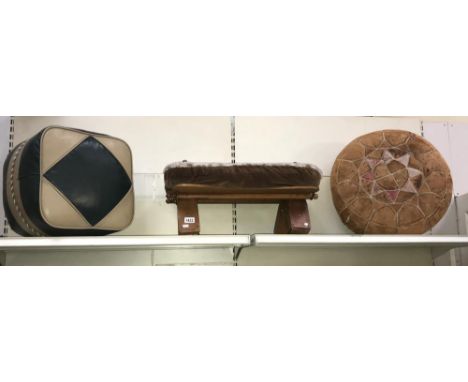 A retro Hanley leatherette pouffe, a retro decorative pouffe and a foot stool with extending legs