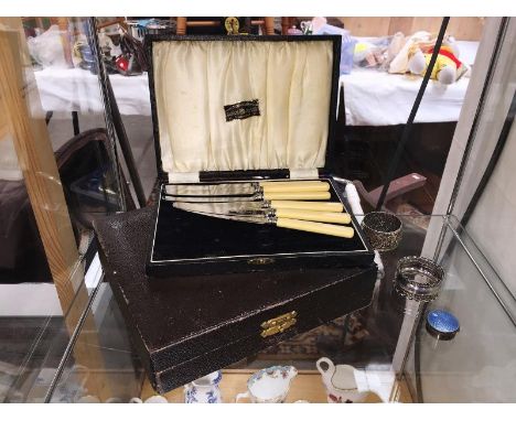 2 1930's cased cutlery sets, Silver napkin ring and an enamelled silver pill box