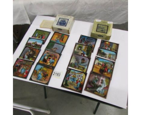 2 seta of coloured magic lantern slides entitled Aladdin and Cinderella.