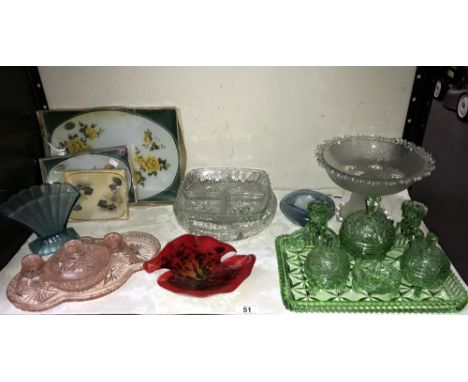 A 1920's green glass trinket set, blue vase and an art glass dish