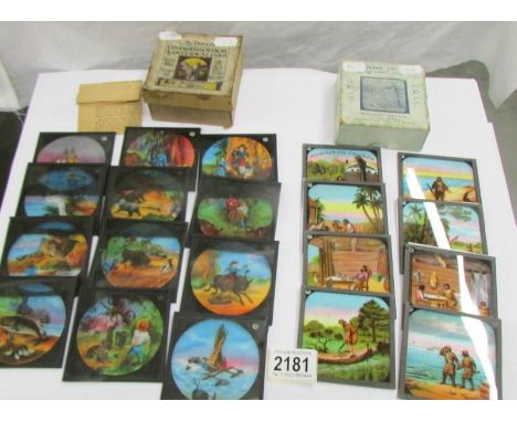2 sets of coloured magic lantern slides entitled 'Robinson Crusoe' and 'Swiss Family Robinson'.