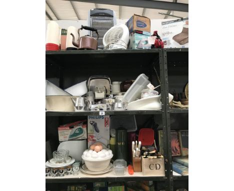 3 shelves of kitchenalia including enamel bowls, cutlery etc.