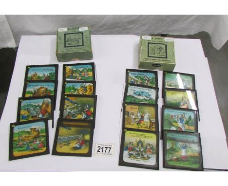 2 sets of magic lantern slides entitled 'There was an Old Woman' and 'Sing a Song of Sixpence'.