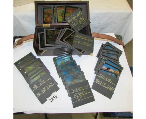 5 sets of coloured magic lantern slides including The Pig &amp; The Wolf, Quaker Adverts, Beauty and the Beast, The Sailor &a