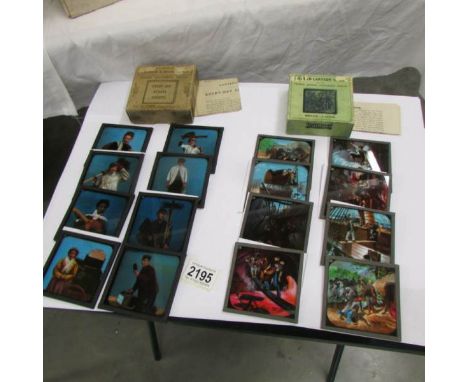 2 seta of coloured magic lantern slides entitled Brave Deeds and Everyday Street Sounds.