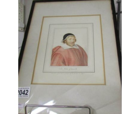 A framed and glazed watercolour of Sir John Glanville the Younger (MP at various time between 1614 and 1644, Speaker of the H