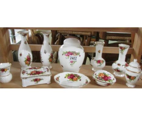 10 pieces of Royal Albert Old Country Roses including vases, trinket box, lidded pot etc., 1 piece is not Royal Albert