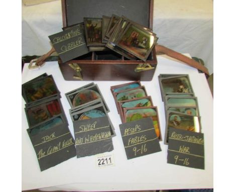 5 sets of coloured magic lantern slides including Calculating Cobbler, Aesop's Fables, Russo-Japanese war, Sweep and Whitewas