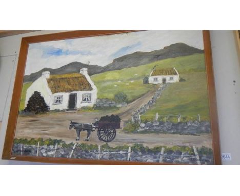 An R McCarroll Irish 20th century oil on board painting 'Bringing Home the Turf', Turf Stacks - Cottage Arklow, signed and da