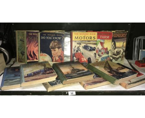 A shelf of 'The Wonder book of' including railways, RAF, Navy, cars etc. including coloured plates and hundreds of photos