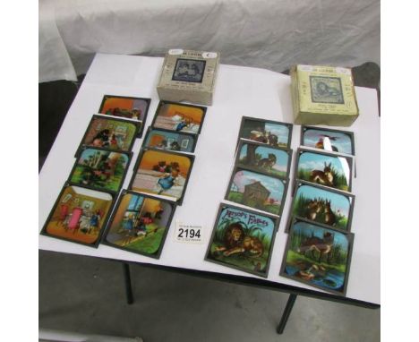 2 seta of coloured magic lantern slides entitled The Three Bears and Aesop's Fables.