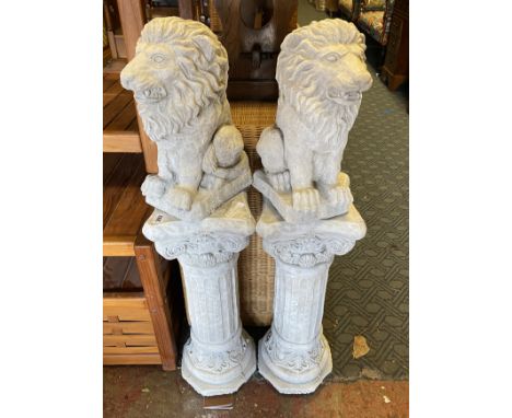 PAIR OF LIONS ON A COLUMN - GARDEN STATUE